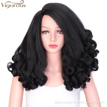 Vigorous 20 inch Synthetic High Temperature Fiber Afro Yaki Straight Wig Wave Ends Kinky Fluffy Hair Wig Wholesale Price